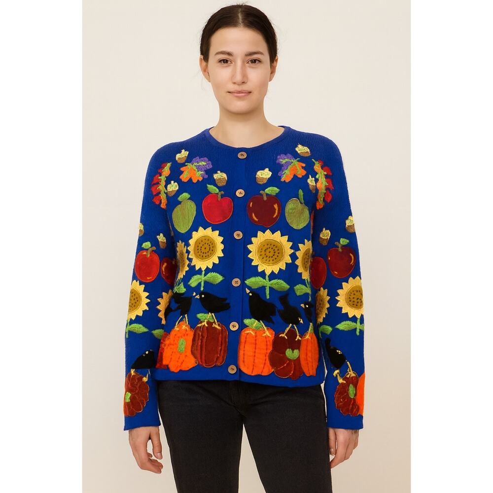 Design Options Philip Jane Gordon Cardigan Sweater Fall Flowers Birds Large